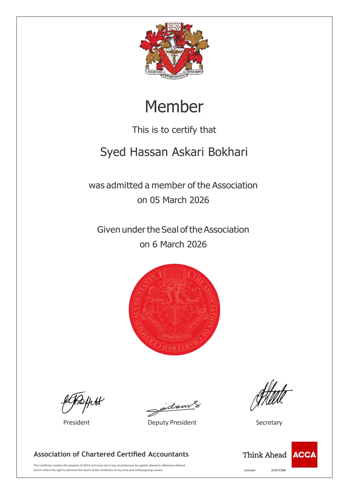 Hassan Askari’s ACCA certificate