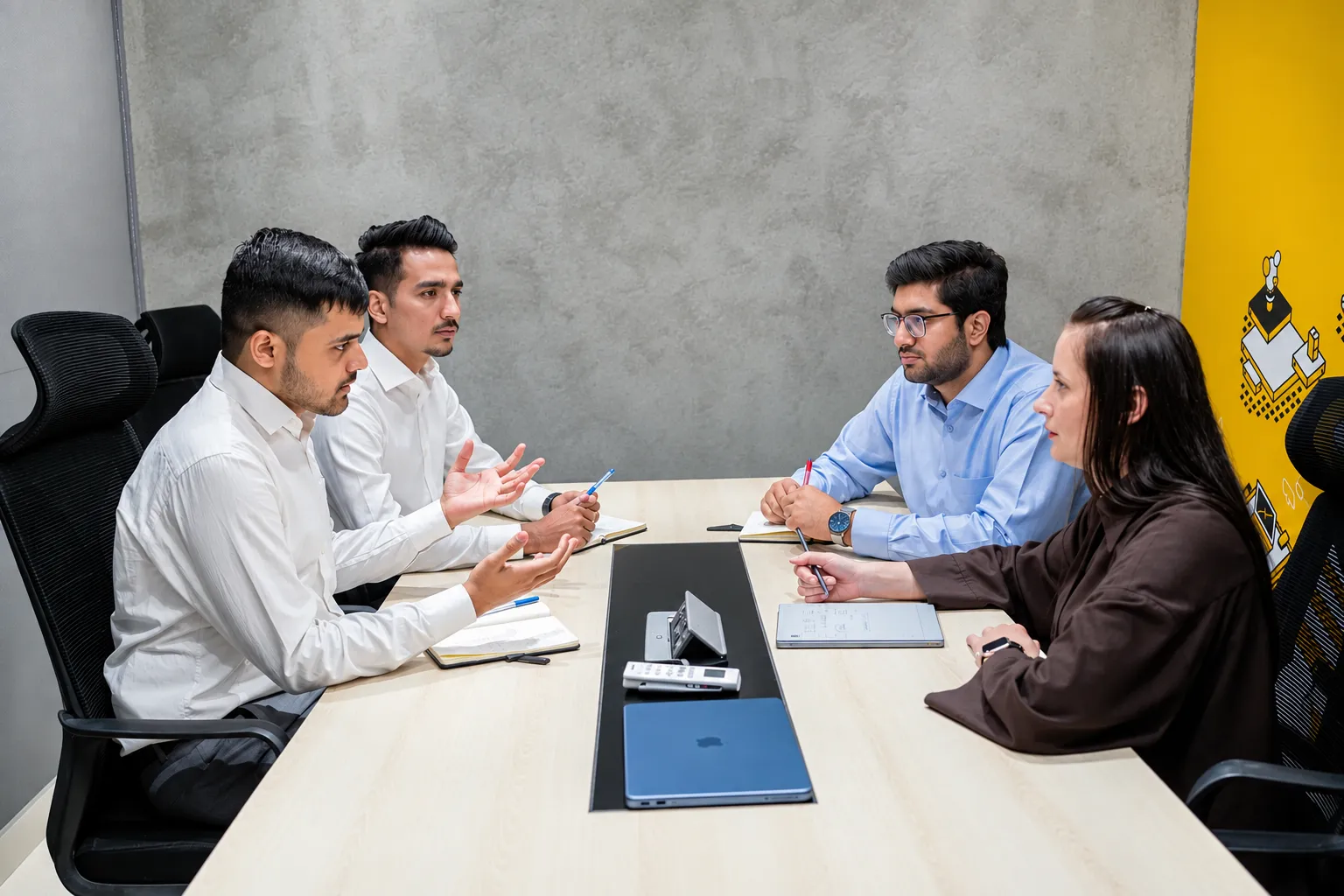 Four members of the team talking around a meeting-room table