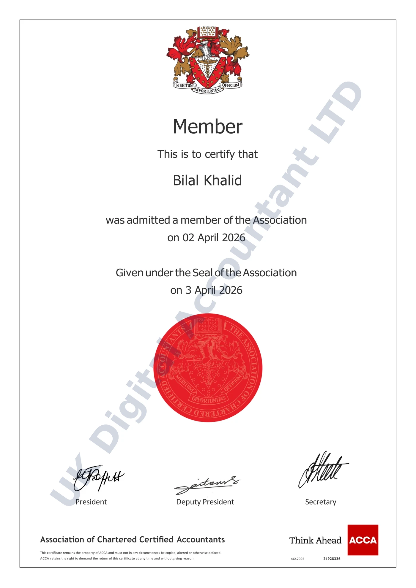 Bilal Khalid’s ACCA certificate
