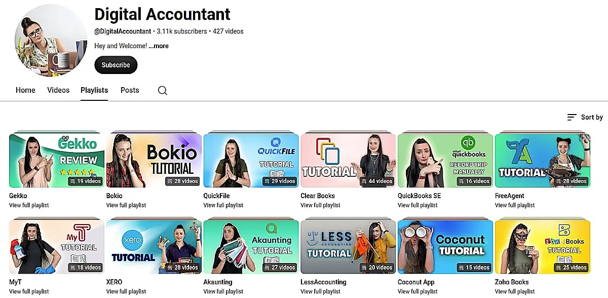 The Digital Accountant YouTube channel page, showing a grid of accounting software tutorial videos.