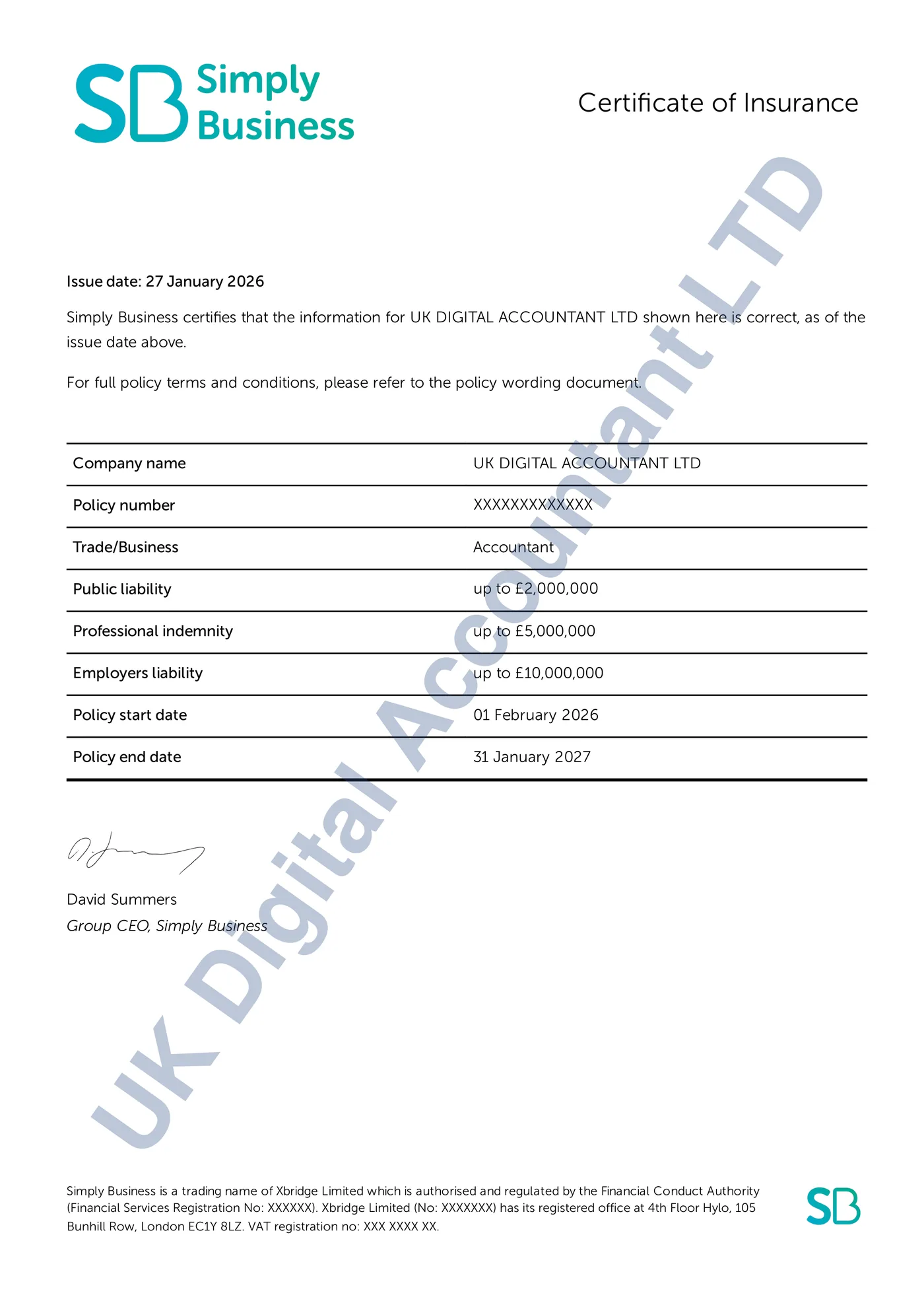 Simply Business certificate of insurance for UK Digital Accountant Ltd, covering 1 February 2026 to 31 January 2027