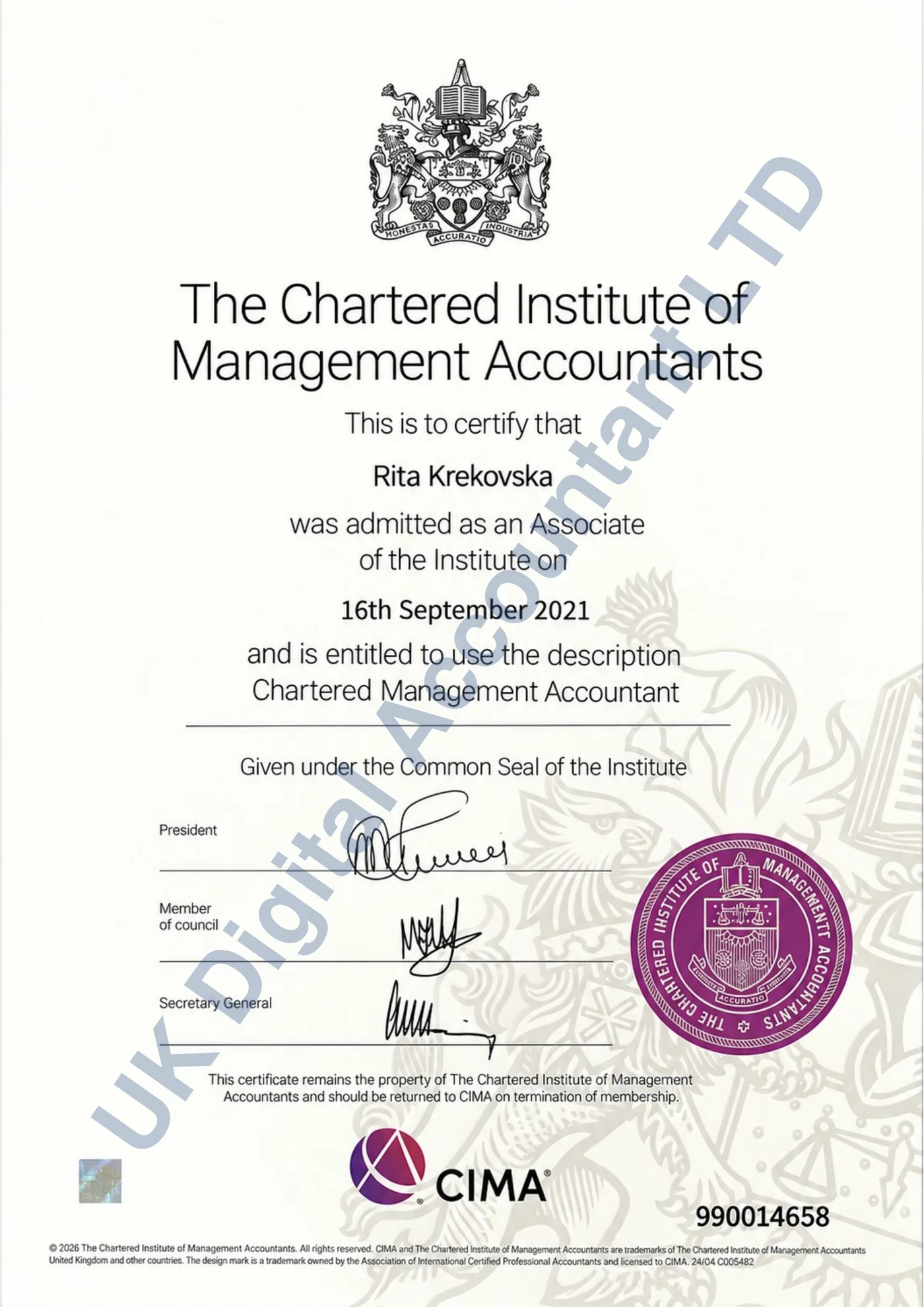 Rita Krekovska’s CIMA certificate