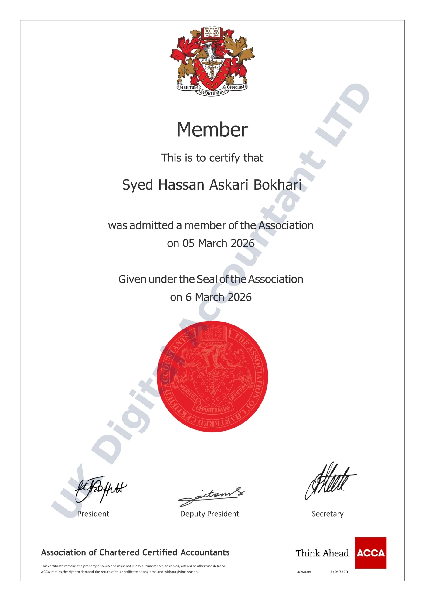 Hassan Bokhari’s ACCA certificate