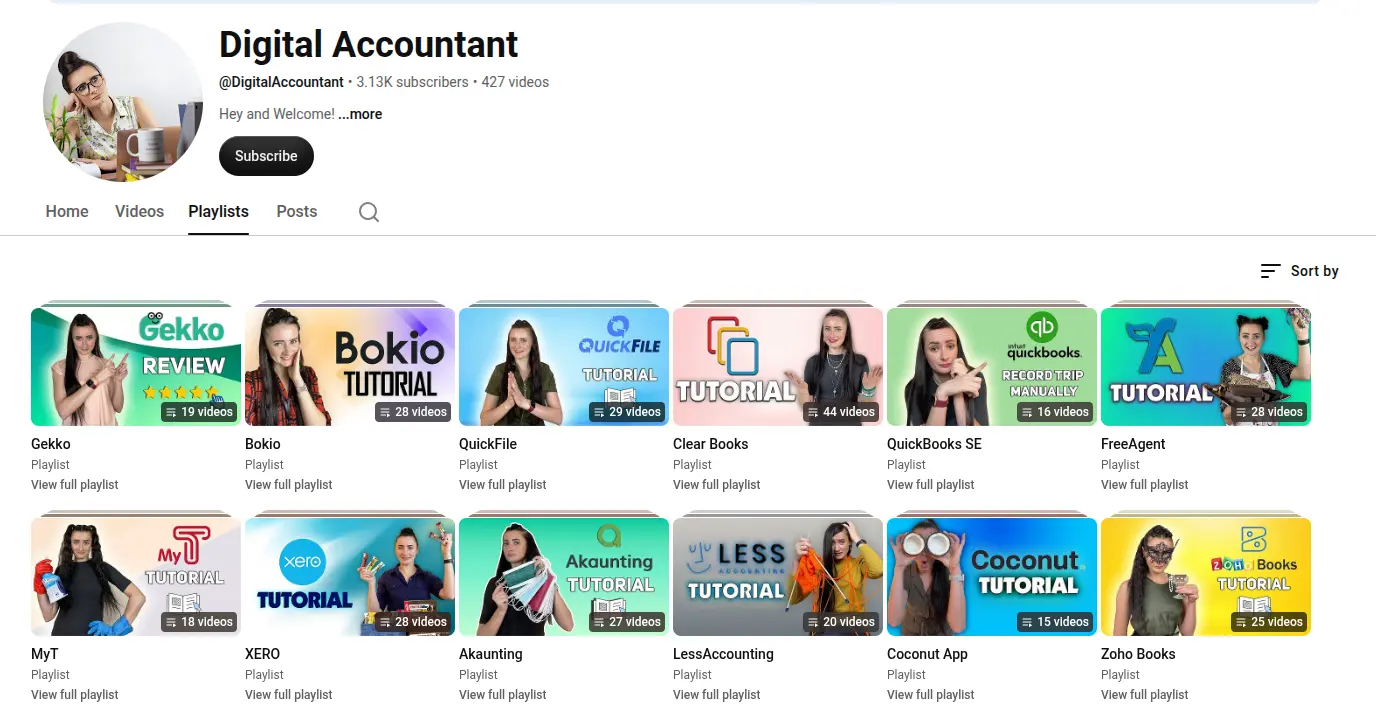 The Digital Accountant YouTube channel page, showing a grid of accounting software tutorial videos.