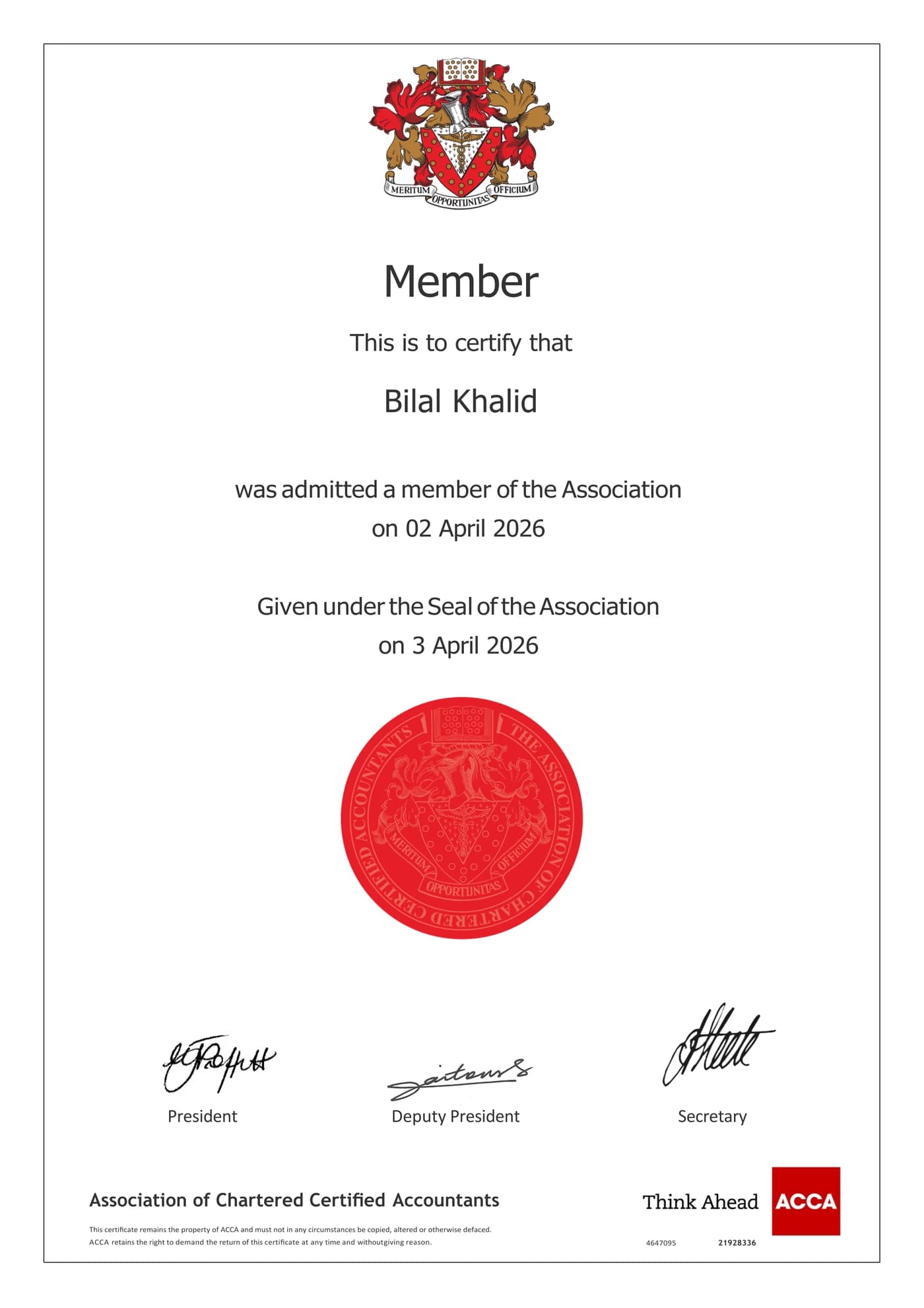 Bilal Khalid’s ACCA certificate