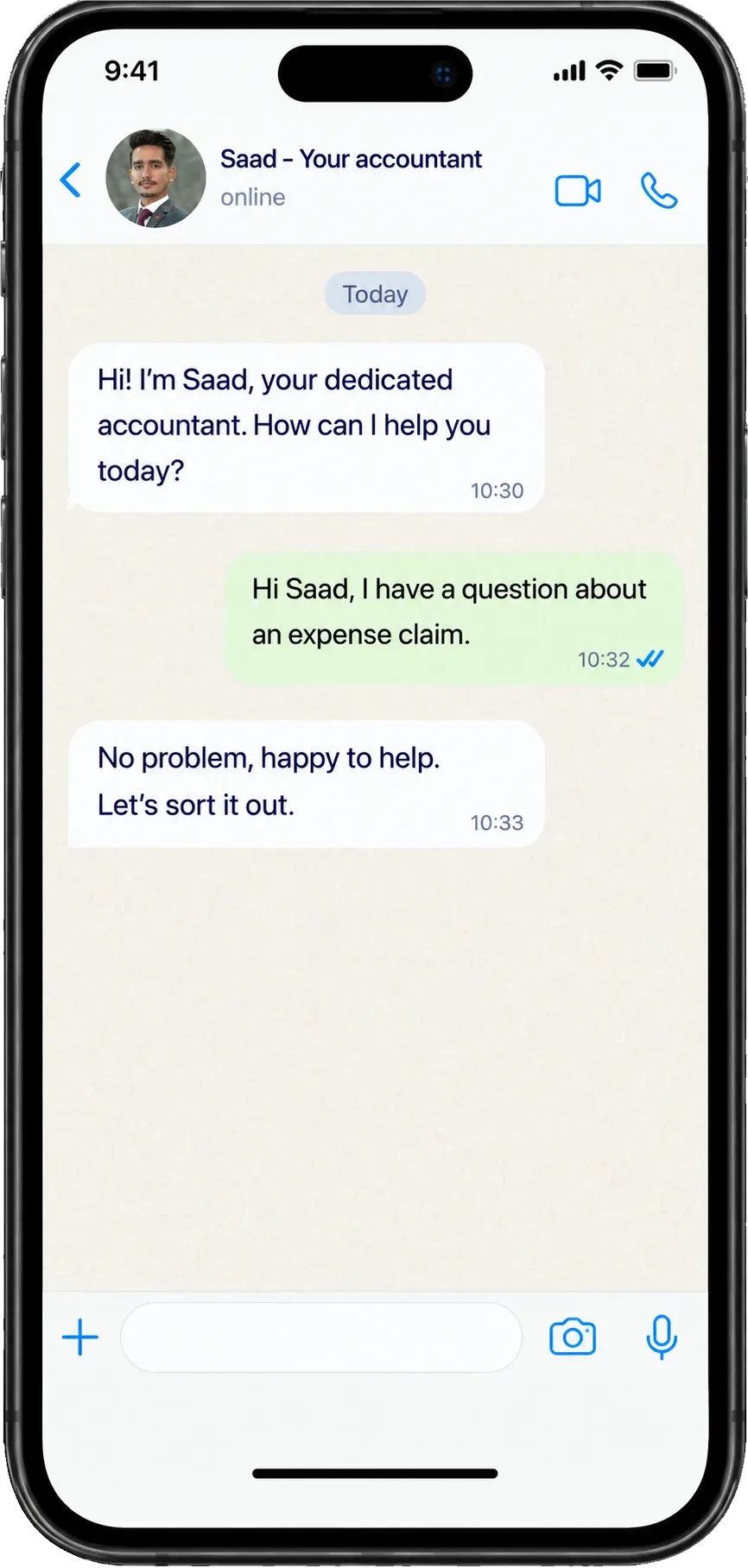 A WhatsApp conversation with Saad, a dedicated accountant, answering a question about an expense claim.