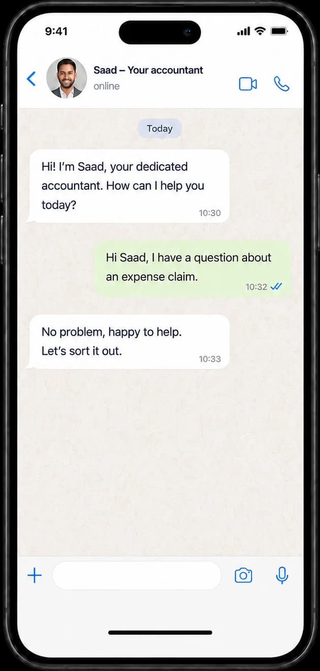 A WhatsApp conversation with Saad, a dedicated accountant, answering a question about an expense claim.