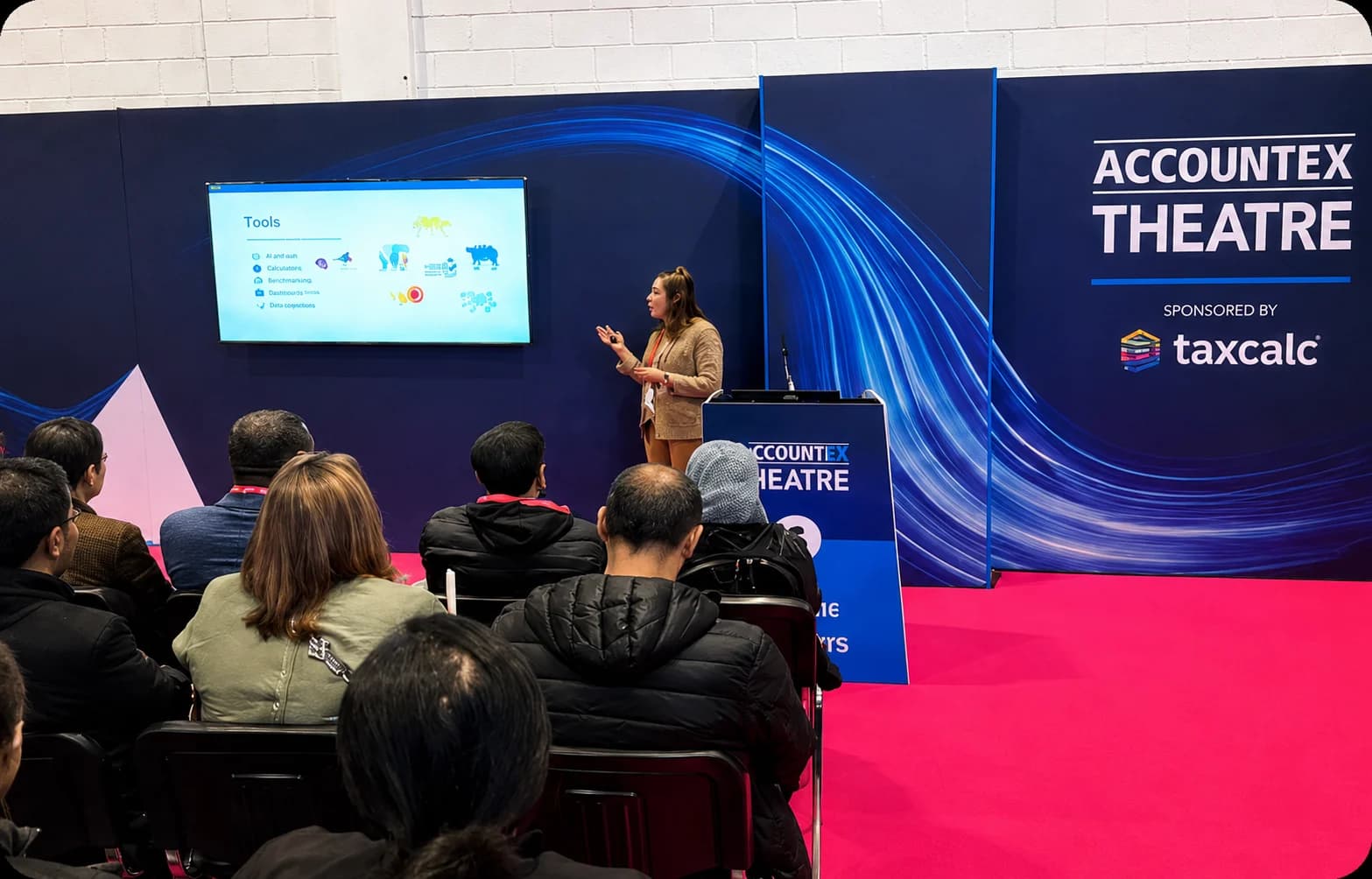A speaker presenting to a seated audience in the Accountex Theatre.