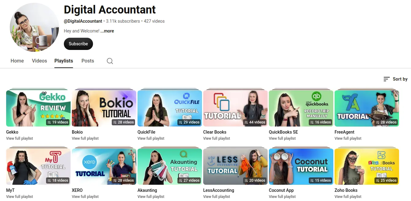 The Digital Accountant YouTube channel page, showing a grid of accounting software tutorial videos.